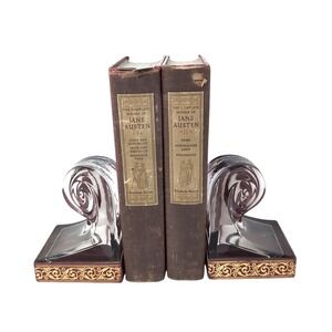 VTG Art Deco Style Clear Glass Scroll / Wave Bookends Pair Set Heavy